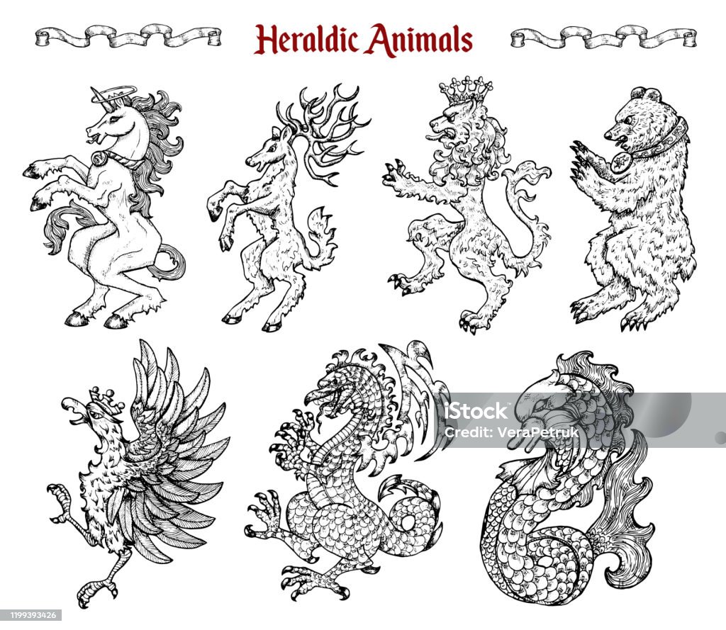 Design Set With Collection Of Heraldic Beasts And Animals Like Unicorn  Dragon Lion Isolated On White Stock Illustration - Download Image Now -  iStock