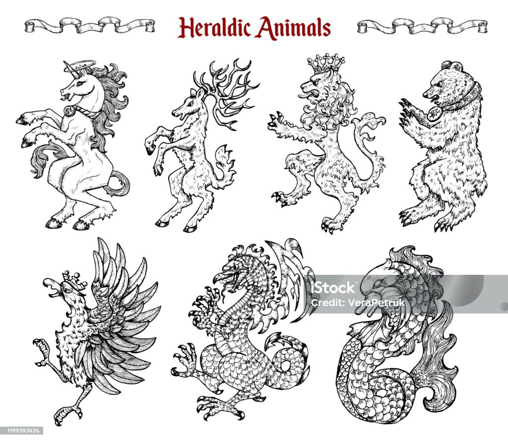 Design Set With Collection Of Heraldic Beasts And Animals Like Unicorn Dragon Lion Isolated On White Stock Illustration - Download Image Now - iStock Design Set With Collection Of Heraldic Beasts And Animals Like Unicorn Dragon Lion Isolated On White Stock Illustration - Download Image Now - iStock