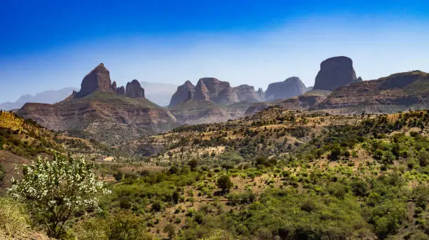 Landscape view of the Simien Mountains National Park in Northern Ethiopia on the way to Axum, Africa.