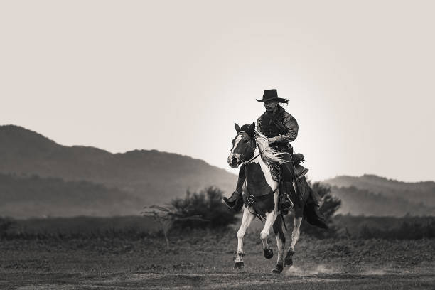 A man in a cowboy outfit with his horse stock photo