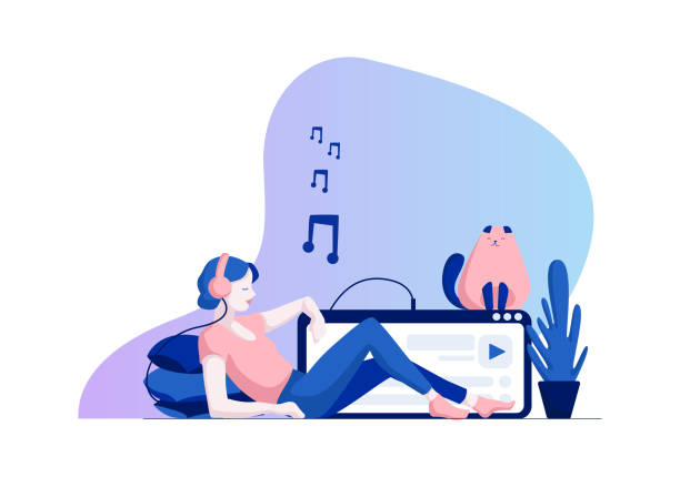Music_2 Girl in headphones lying on floor, listening Music. Modern flat illustration. woman lying on the floor isolated stock illustrations