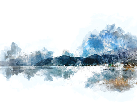 Abstract colorful mountain range and river lake in Japan on watercolor illustration painting background.