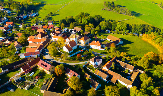 Scenic aerial view of typical Czech village of Cakov in autumn, Ceske Budejovice district