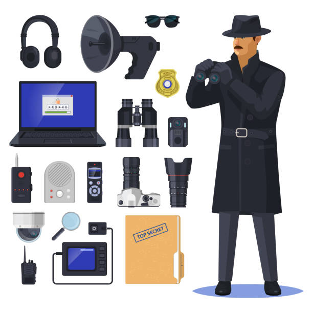 ilustrações de stock, clip art, desenhos animados e ícones de detective items near spy or investigation officer - spy secrecy top secret mystery