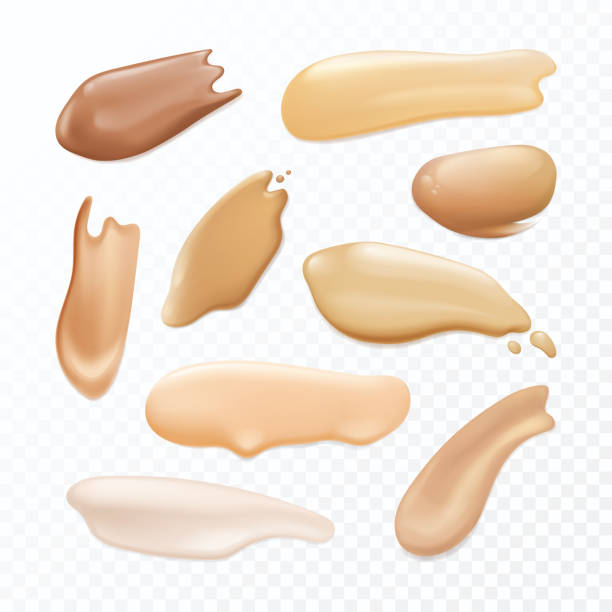 Set of isolated cosmetic brush stroke. Concealer Set of isolated cosmetic brush stroke. Brown concealer for makeup, tone cream smudged on transparent, foundation smear, bronze fluid splatter, beige cream. Beauty and woman make up, skin, lipstick broken lipstick stock illustrations