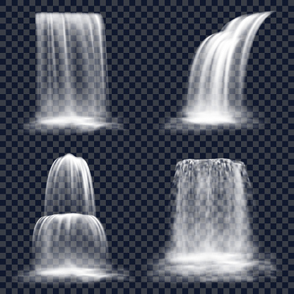 Set of isolated waterfall on transparent background. Falling river water or mountain fall, cascade aqua stream. Nature fluid splash and drop. Realistic hill fountain scene. Nature and flow, landscape