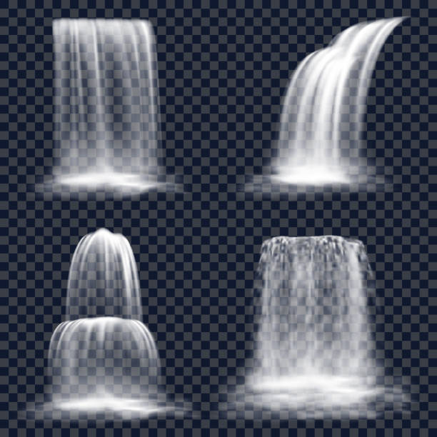 Set of isolated waterfall, fall of mountain river Set of isolated waterfall on transparent background. Falling river water or mountain fall, cascade aqua stream. Nature fluid splash and drop. Realistic hill fountain scene. Nature and flow, landscape waterfall stock illustrations