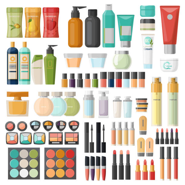 Set of isolated cosmetic, hygiene items, skincare Set of isolated cosmetic and hygiene items, skincare and beauty accessory, woman body care. Lotion and shampoo, toothbrush and eye shadow, shower gel and brush, spray and soap. Bath and health beauty product stock illustrations