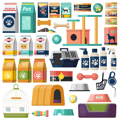Set of isolated pet items, food for cat and dog, bag and litter, rubber fish and doggy bone, kitty comb and puppy toilet, kitten goods and feline house. Icons for animal shop or store, market