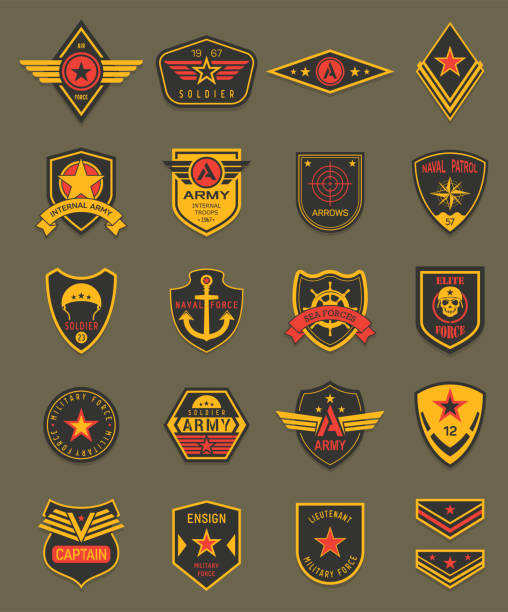 Military patches, army chevrons, air forces shields Military patches, chevrons and army badges vector templates. Marine patrol, naval and air military forces, captain patch emblem shields with stars, ribbons, heraldic wings, navy anchor and skull sergeant badge stock illustrations