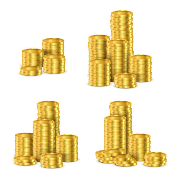 ilustraciones, imágenes clip art, dibujos animados e iconos de stock de pilas de monedas de oro, vector de pila de monedas de oro en efectivo realista 3d - token gold coin treasure