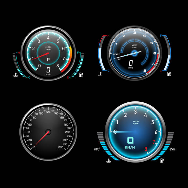 спидометр приборной панели автомобиля, тахометр и датчики топлива - miles counter stock illustrations