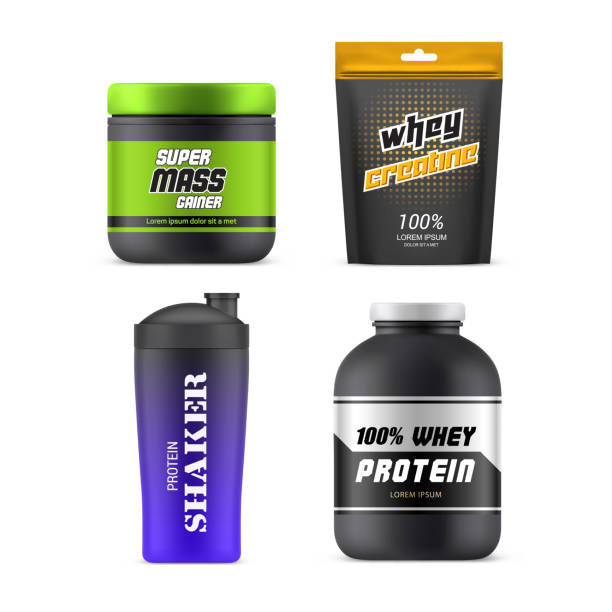 Sport nutrition packages and plastic jars, 3D mockup templates Sport nutrition packages, 3D realistic vector mockup templates. Whey protein plastic jar, mass gainer can, creatine foil zip pack and gym drink shaker bottle mock up protein powder bottle stock illustrations