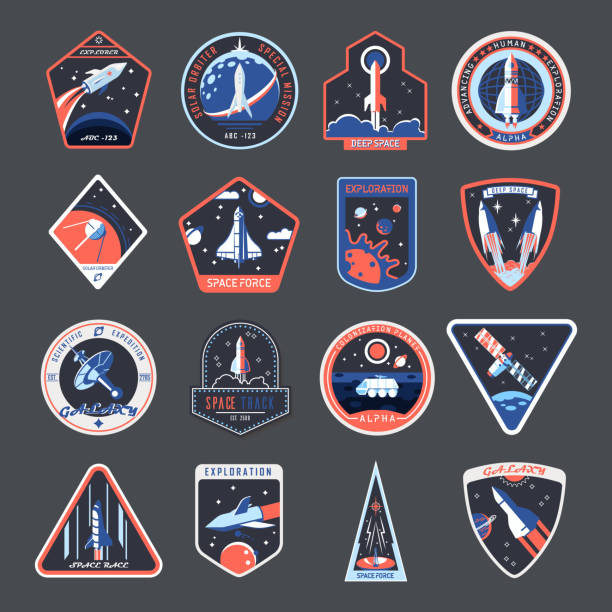 Space patches, galaxy exploration spaceship badges Space patches, galaxy exploration and astronaut mission vector badges and spaceship emblems. Vintage t shirt print design, space forces rocket, mars and moon expedition shuttle rocketship patterns stock illustrations