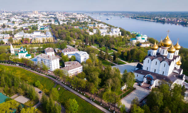 Aerial view of Yaroslavl with Assumption Cathedral Aerial panoramic view of Yaroslavl cityscape with old Assumption Cathedral on sunny summer day, Russia golden ring of russia photos stock pictures, royalty-free photos & images