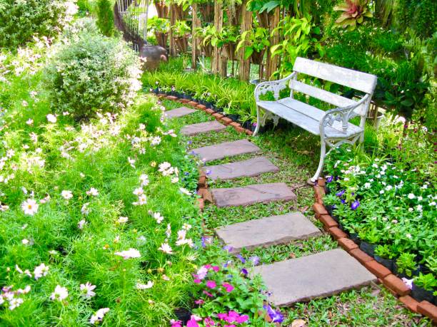 istock Wooden Bench Standing with Blossoms in A Park 1199403575