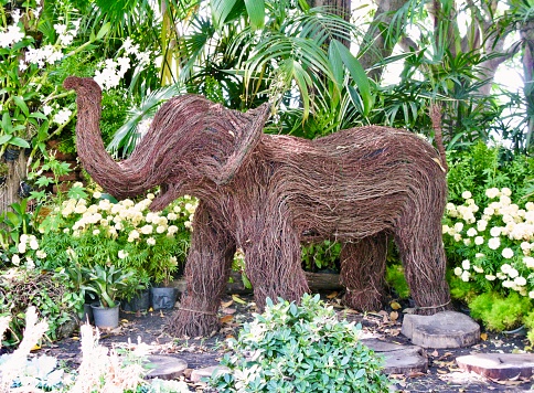 Two Elephant Doll Made of Coconut Husk Decoration in A Beautiful Garden.