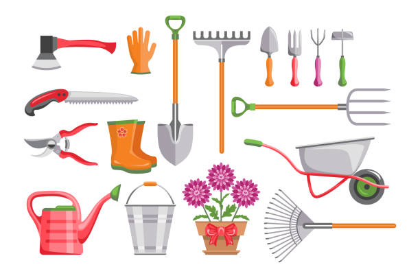 satz von garten-tools isoliert auf weißem hintergrund. eimer, schubkarre, schaufel, pitchfork, rechen, benehmer, axt, säge, gießkanne, pflanze im topf.  stock vektor-illustration in cartoon einfachen flachen stil. - gardening shovel trowel flower stock-grafiken, -clipart, -cartoons und -symbole