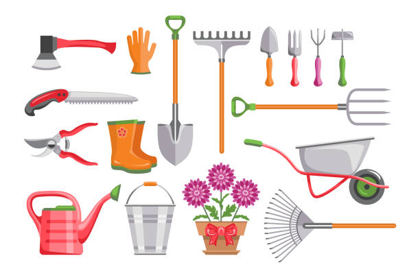 Set of garden tools isolated on white background. Bucket, wheelbarrow, shovel, pitchfork, rake, pruner, ax, saw, watering can, plant in pot.  Stock vector illustration in cartoon simple flat style. Set of garden tools isolated on white background. Bucket, wheelbarrow, shovel, pitchfork, rake, pruner, ax, saw, watering can, plant in pot.  Stock vector illustration in cartoon simple flat style. trowel shovel gardening equipment isolated stock illustrations