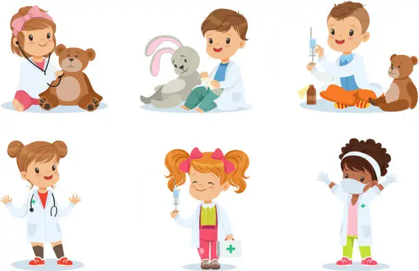 Vector illustration of Cute Kids Playing Doctors Set, Boys and Girls in White Coats Examining and Treating their Patients Vector Illustration