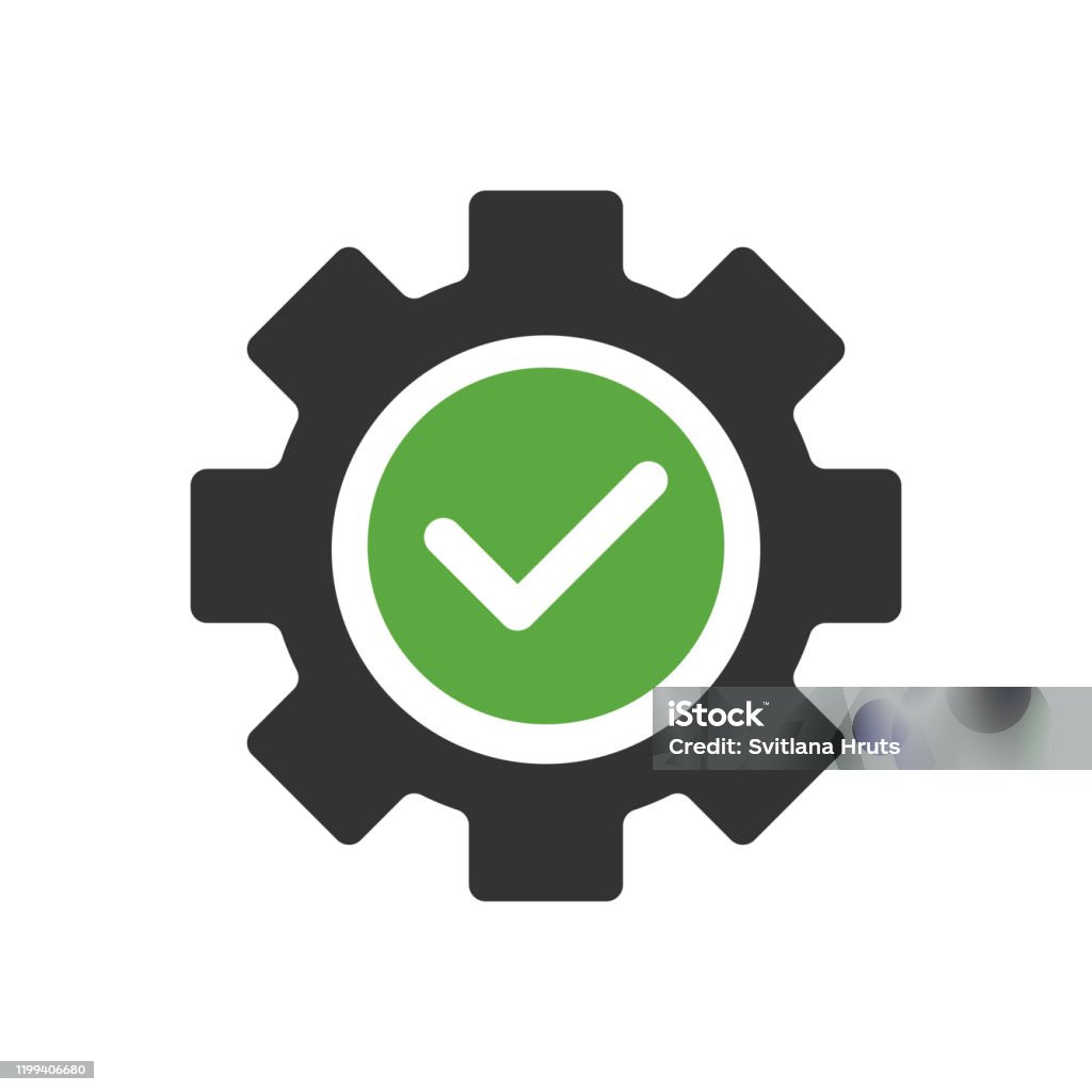 Gear with checkmark icon design on white background. Vector illustration. Gear - Mechanism stock vector Gear with checkmark icon design on white background. Vector illustration. Gear - Mechanism stock vector