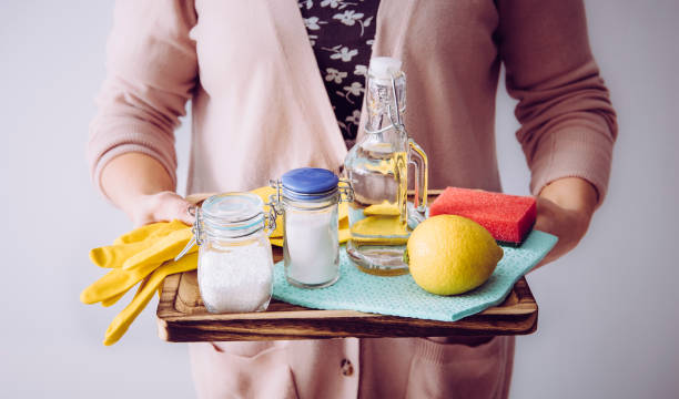 conceito natural dos líquidos de limpeza. mulher que prende ingredientes home eco friendly da limpeza, vinagre branco, limão, bicarbonato de sódio, conceito cítrico do ácido. - ground soda baking soda white - fotografias e filmes do acervo