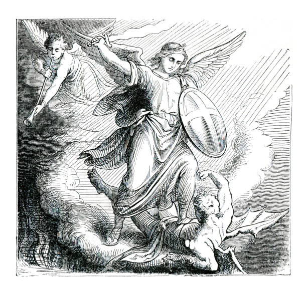 stockillustraties, clipart, cartoons en iconen met aartsengel met zwaard vechten satan illustratie 1882 - aartsengel