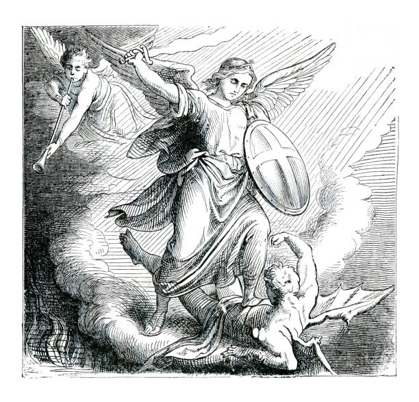 Archangel with sword fighting satan illustration 1882 Archangel with sword fighting illustration 1882
Armed with a sword from God's armory, he bests Satan in personal combat, wounding his side.
Original edition from my own archives
Source : Biblische Geschichte 1882 religious text stock illustrations