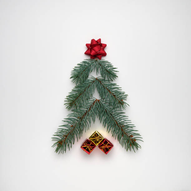 istock Stylized Christmas tree made of fir branches with gift boxes on white background. View from above, flat lay 1199408395