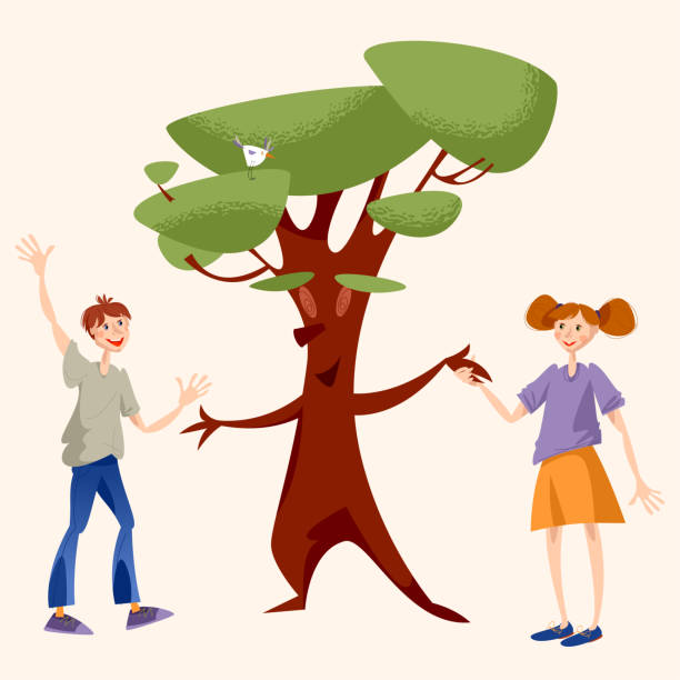 A boy and a girl greet a tree and holding hands. A boy and a girl greet a tree and holding hands. Vector illustration girl silouette forest illustration stock illustrations
