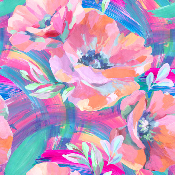 아크릴 꽃, 잎, 페인트 는 원활한 패턴을 얼룩. - floral pattern flower abstract art stock illustrations