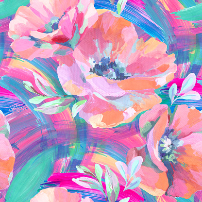 Colorful poppies on abstract brushstrokes background. Acrylic flowers, leaves, paint smears seamless pattern. Hand painted illustration for modern fabric, textile, backdrop etc design
