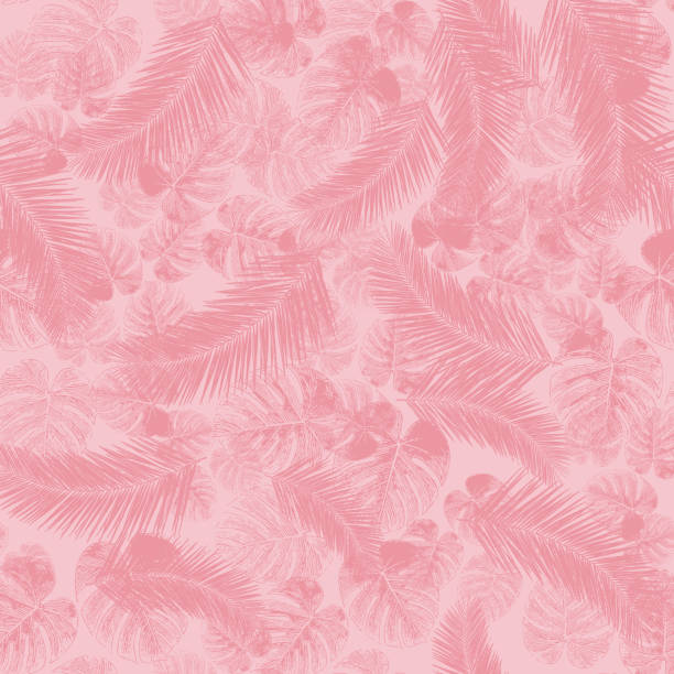 istock Areca and Philodendron Monstera palm leaves seamless vector background. Layered tropical leaf pattern. Exotic nature repeating backdrop pink hues. For fabric, beach wear, summer, home decor 1199414985