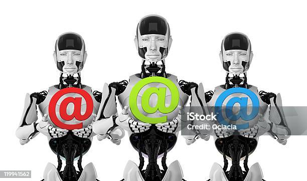 Robots Com Símbolos De Correio - Fotografias de stock e mais imagens de Adulto - Adulto, Azul, Beleza