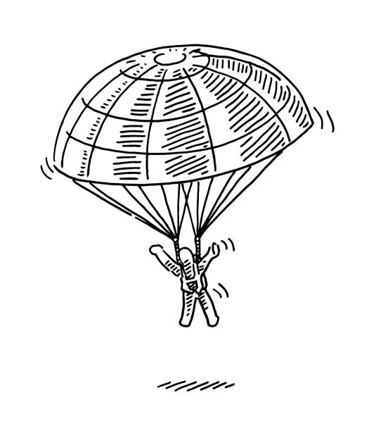 Vector illustration of Human Figure With Parachute Descending Drawing