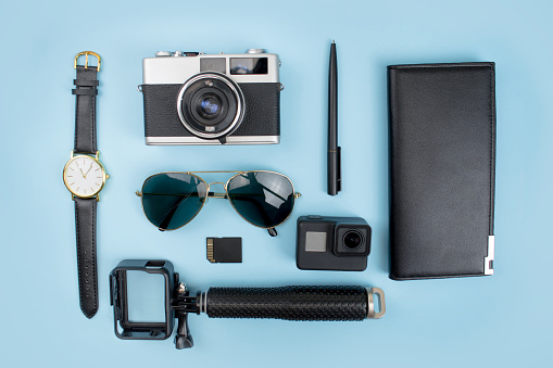 Black theme accessories for young tourists Travel Concept.