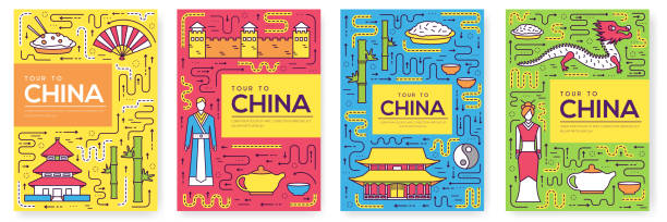 illustrazioni stock, clip art, cartoni animati e icone di tendenza di cina vettoriale brochure carte thin line set - travel locations europe china beijing