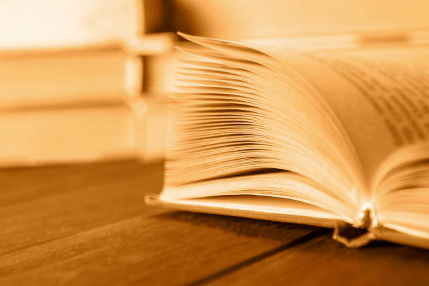 istock Open book close-up on the table in the library, selective focus, toning 1199424122