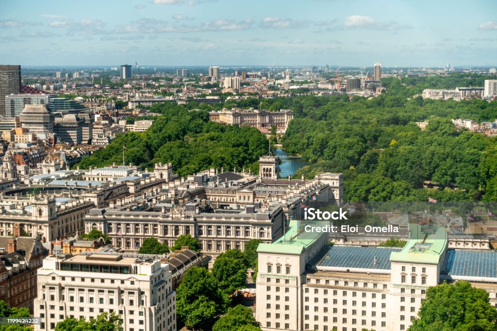 aerial view of St. James's Park with buckingham palace in the background London - England Stock Photo