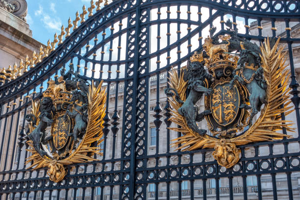 London, UK - May 21, 2019: Emblem in the lateral gate of Buckingham Palace in London