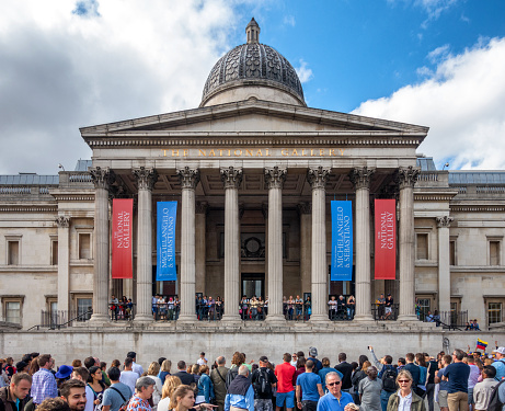 June 10, 2017 - London, United Kingdom: tourists in front of The National Gallery at Trafalgar Square in London