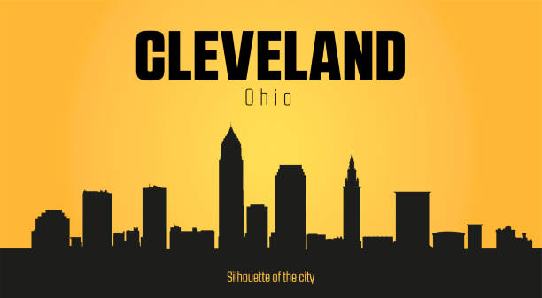 Cleveland Ohio city silhouette and yellow background. Cleveland Ohio city silhouette. Cleveland Ohio city silhouette and yellow background. cleveland ohio stock illustrations