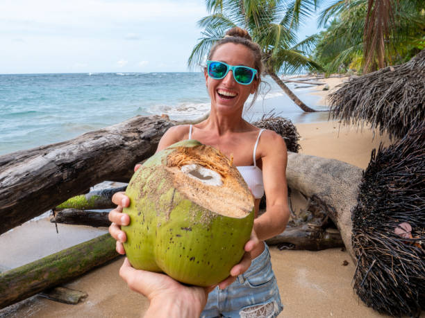 Couple sharing coconut on tropical beach Young couple sharing a coconut on beautiful tropical beach in Costa Rica. Two people, man's pov giving coco to girlfriend limon province photos stock pictures, royalty-free photos & images