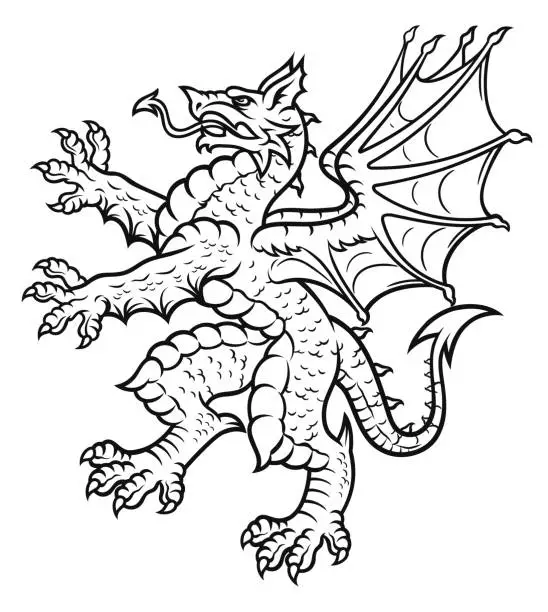 Vector illustration of Heraldic dragon ink drawing