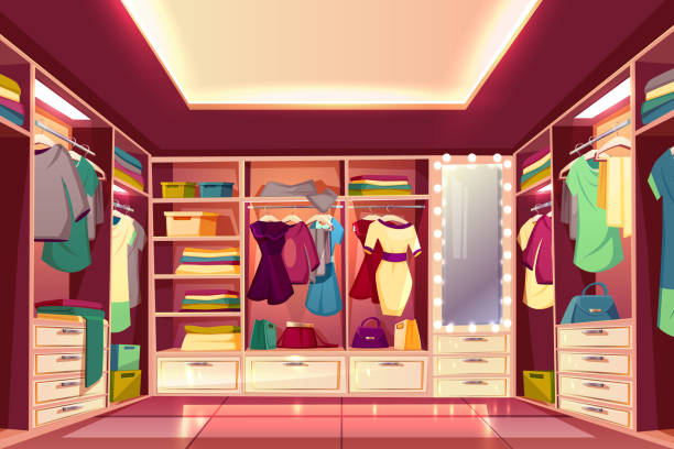 Womans walk-in closet interior cartoon vector Spacious walk in closet or dressing room full of women clothes cartoon vector interior. Dresses hanging on hangers, bags and boxes with footwear on wardrobe shelves and illuminated mirror illustration clothes hanger storage stock illustrations