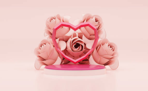 3d rendering Pink studio Background with polygon heart shape on pink podiums stage and roses.