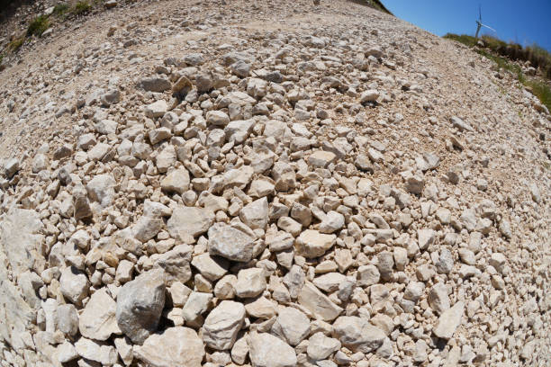Mountain road covered with gravel in fisheye lens