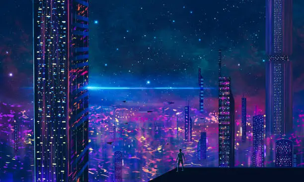 Photo of Man standing on roof and look to abstract modern sci-fi colorful city with night sky and stars. 3D illustration