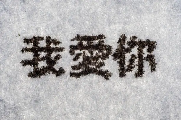 Photo of Extreme macro shot of the words i love you in Chinese typed on white paper. Grungy textured bloody calligraphy mood.