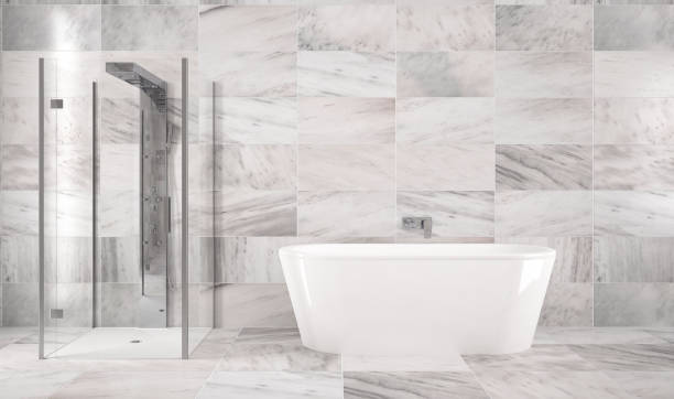 luxury clean spa bathroom interior with ceramic bathtub